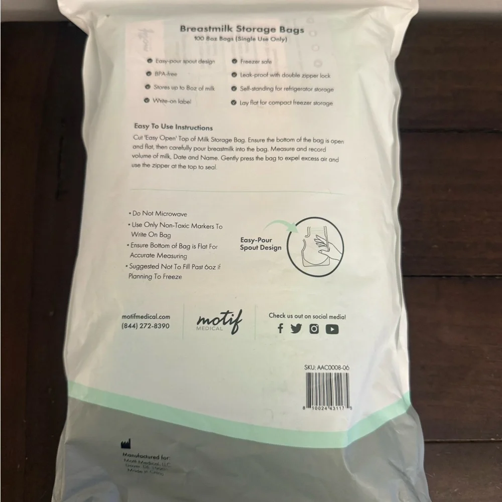 Motif Medical Breastmilk Storage Bags 100 Count 8oz BPA Free Sealed Leak Proof